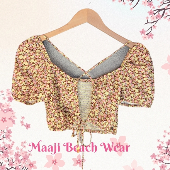 Maaji Womens Beach Wear Tops Sz M Cutout Ditsy Flower Pink Yellow Versatile Wear - Picture 1 of 15
